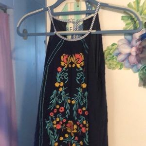 T H M L size small embroidered navy blue flower dress